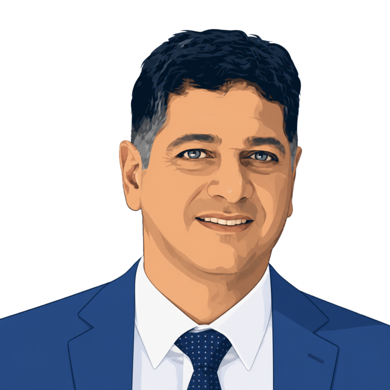 Illustrated portrait of a smiling man in a blue suit with white shirt and dotted tie.