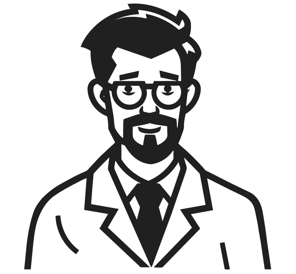 cartoon of a male scientist with a beard and glasses wearing a tie and lab coat