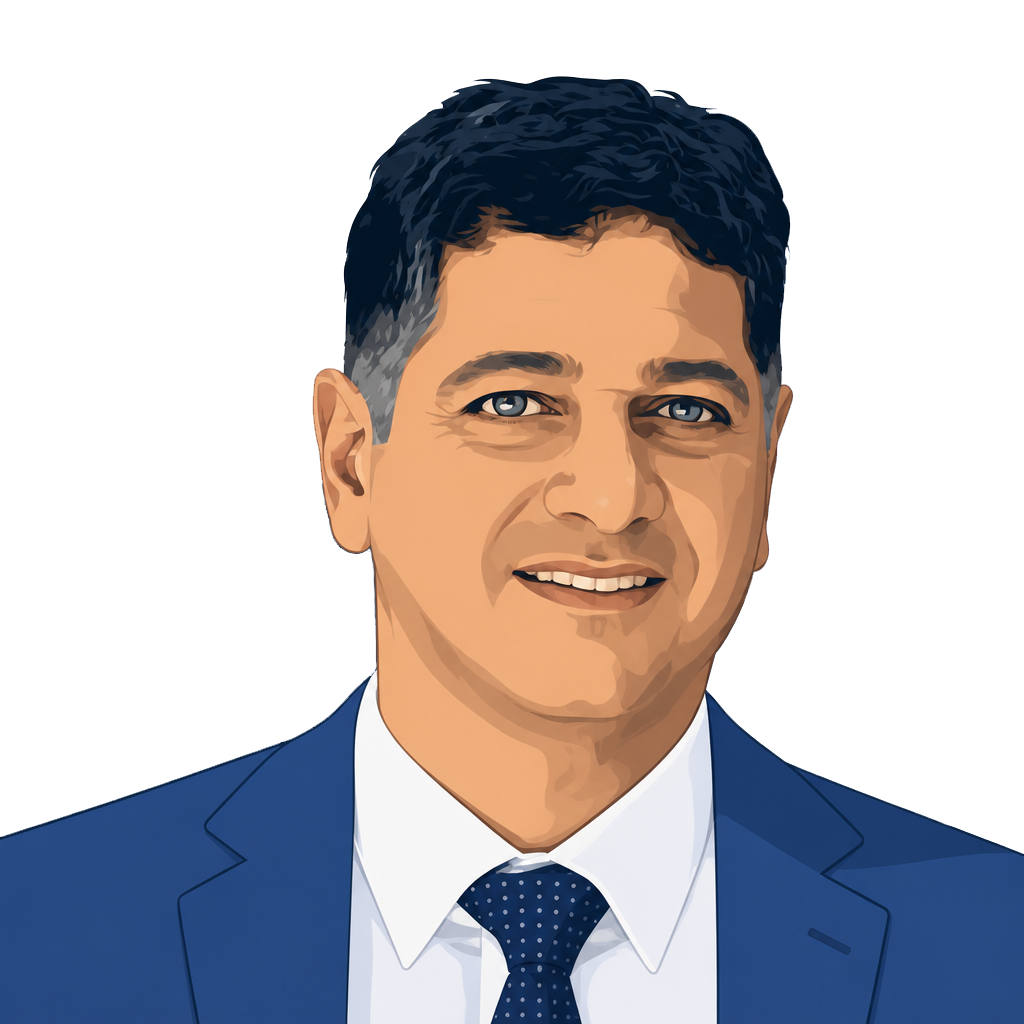 Illustrated portrait of a smiling man in a blue suit with white shirt and dotted tie, set against a black background, conveying confidence.